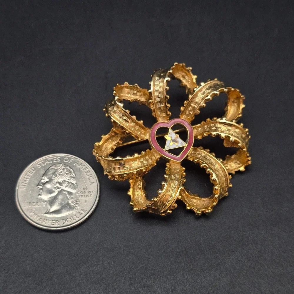 Vintage Moose Lodge Flower Brooch Gold Tone Faith Hope Charity